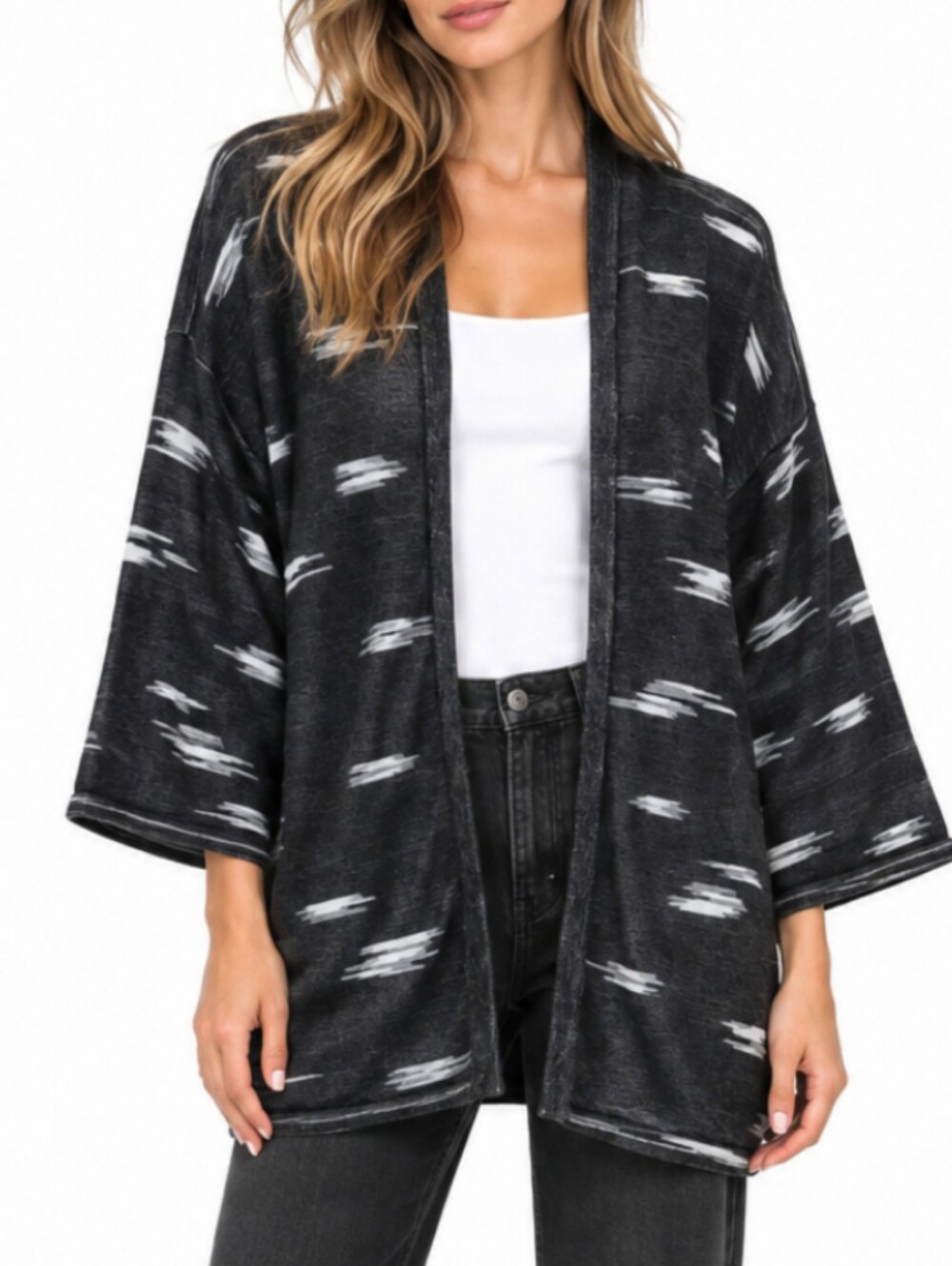 Eileen Fisher Tencel Kimono Cardigan M Abstract Ikat Print Artsy Lagenlook Boho